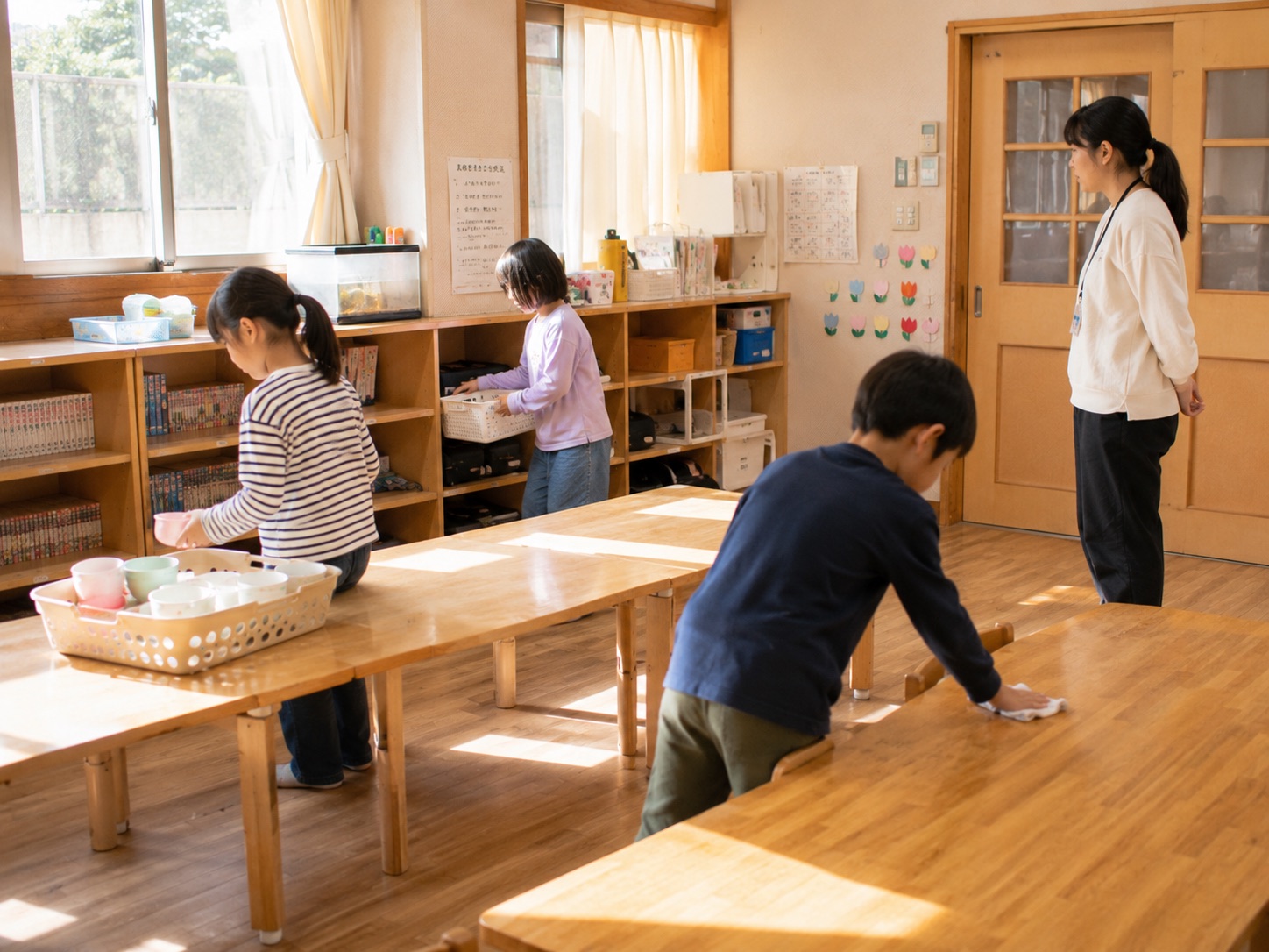 日のさす部屋で、こどもたちがコップの入ったかごを運んだり、ふきんで机をふいたりしている