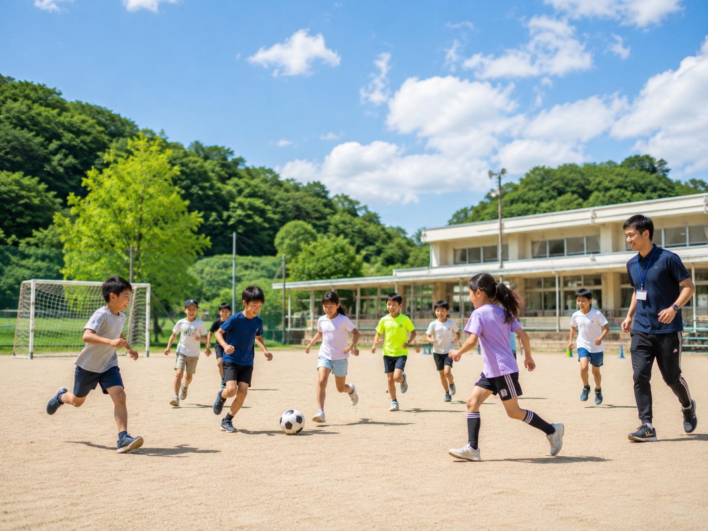 校庭でサッカーボールを追いかけて走るこどもたちと、並んで走る支援員